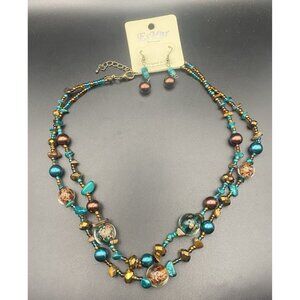 NWT Vtg EsMor Necklace Earring Set Faux Turquoise Copper Gold Foil Glass Bead